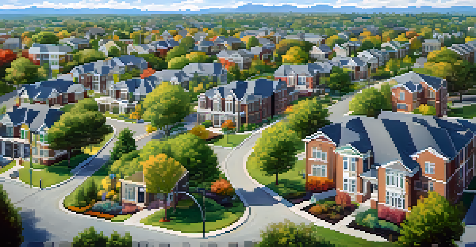 Aerial view of a neighborhood showing homes, parks, and a school.
