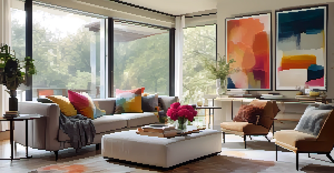 A cozy living room with a plush sofa, colorful cushions, a glass coffee table, and an abstract painting, illuminated by natural light.