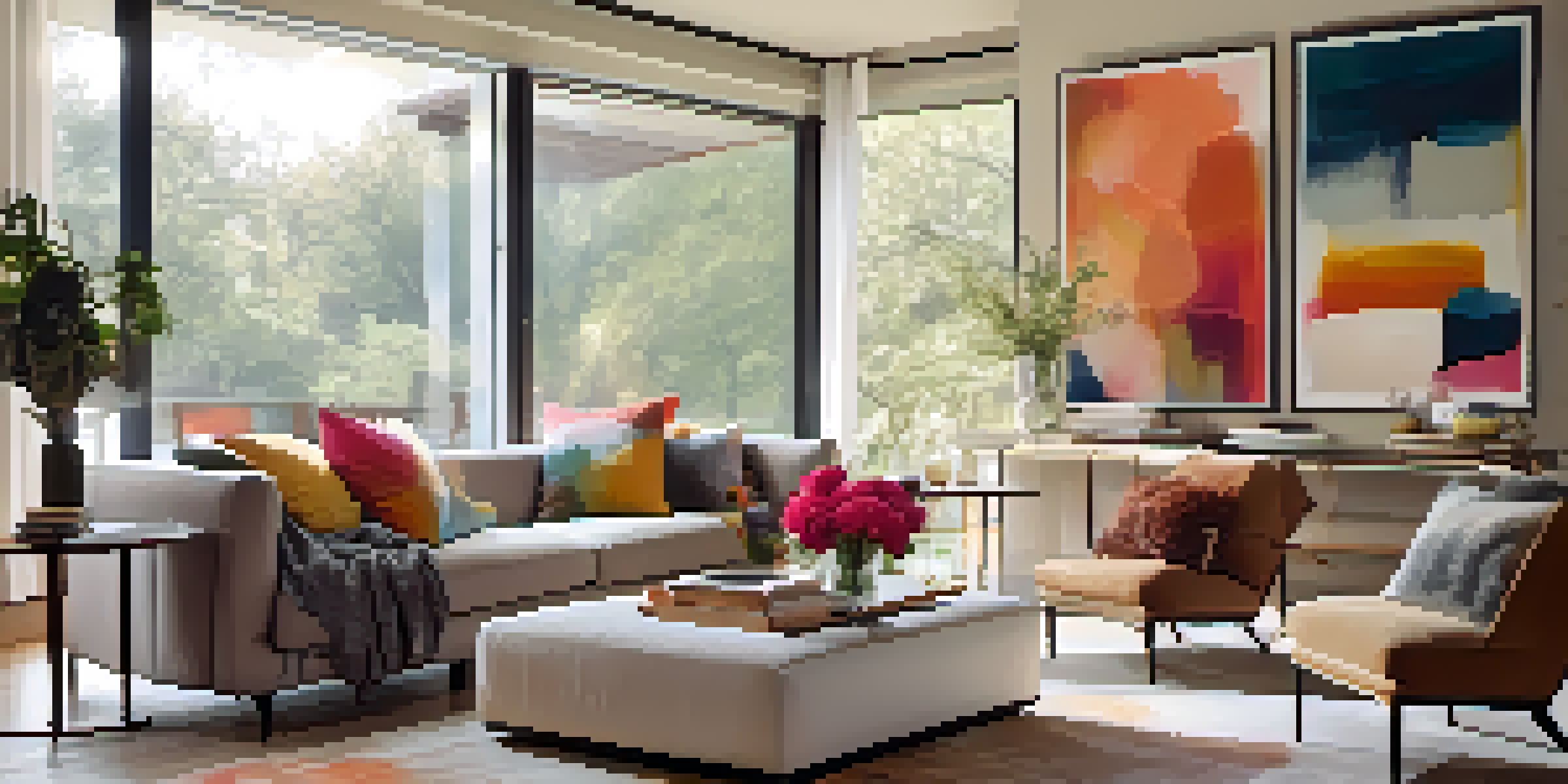 A cozy living room with a plush sofa, colorful cushions, a glass coffee table, and an abstract painting, illuminated by natural light.