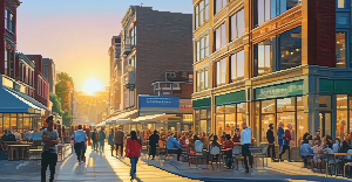 A lively city street with modern buildings, people walking and sitting at outdoor cafes during sunset.