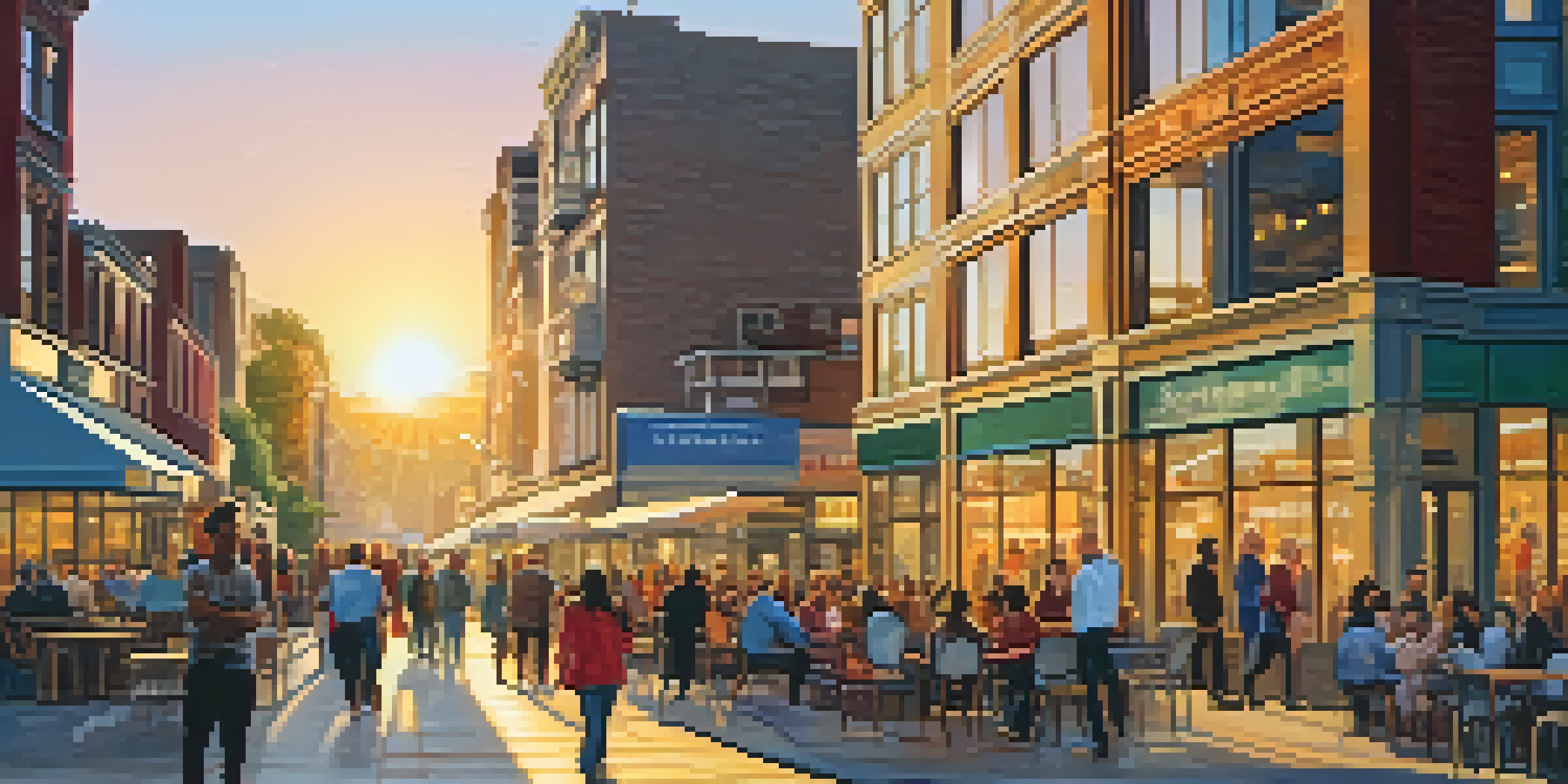 A lively city street with modern buildings, people walking and sitting at outdoor cafes during sunset.