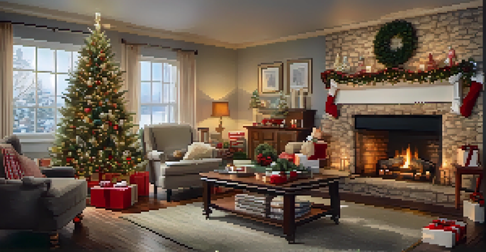A warm and inviting living room decorated for Christmas with a glowing tree and a fireplace.