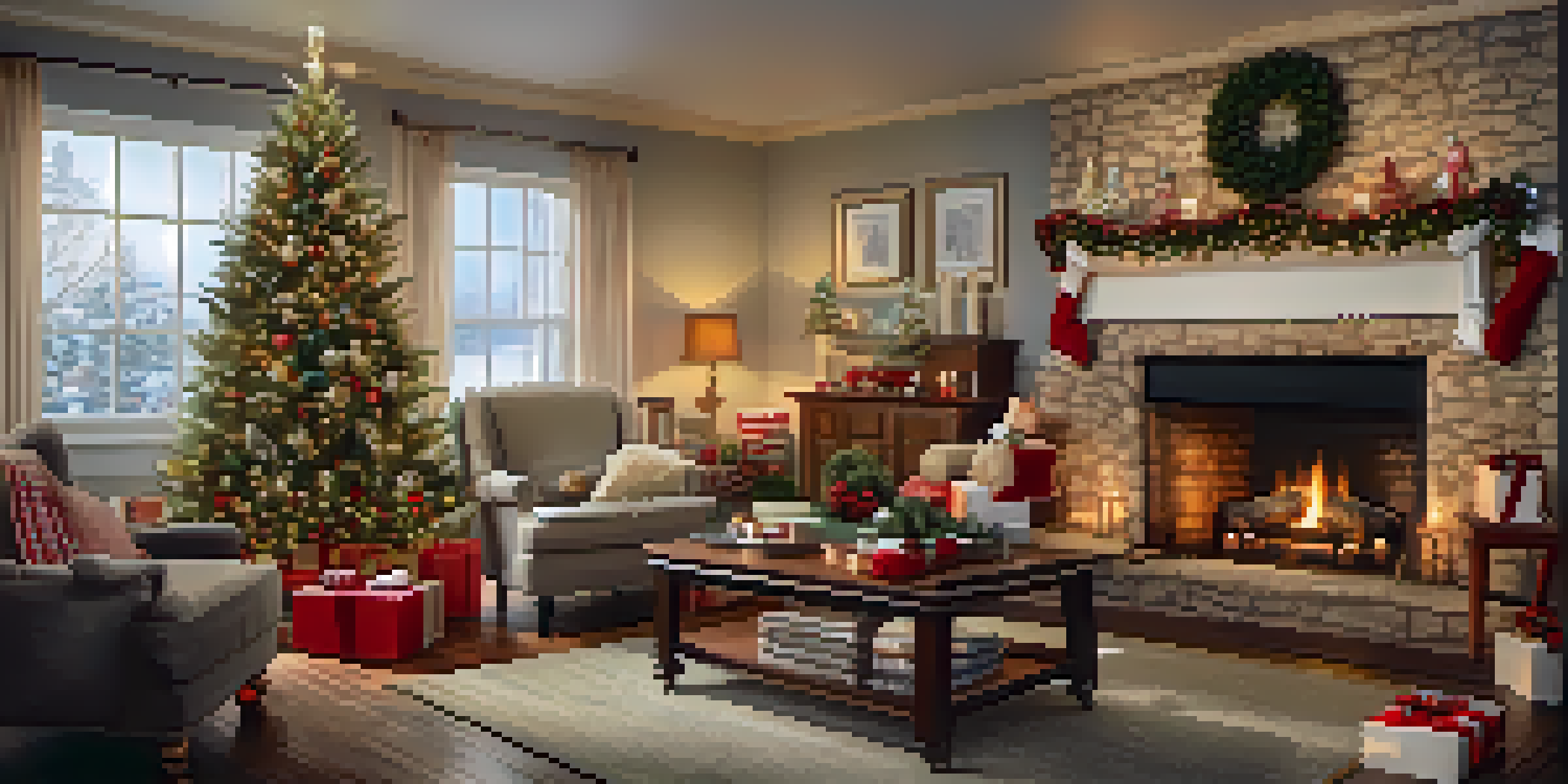 A warm and inviting living room decorated for Christmas with a glowing tree and a fireplace.