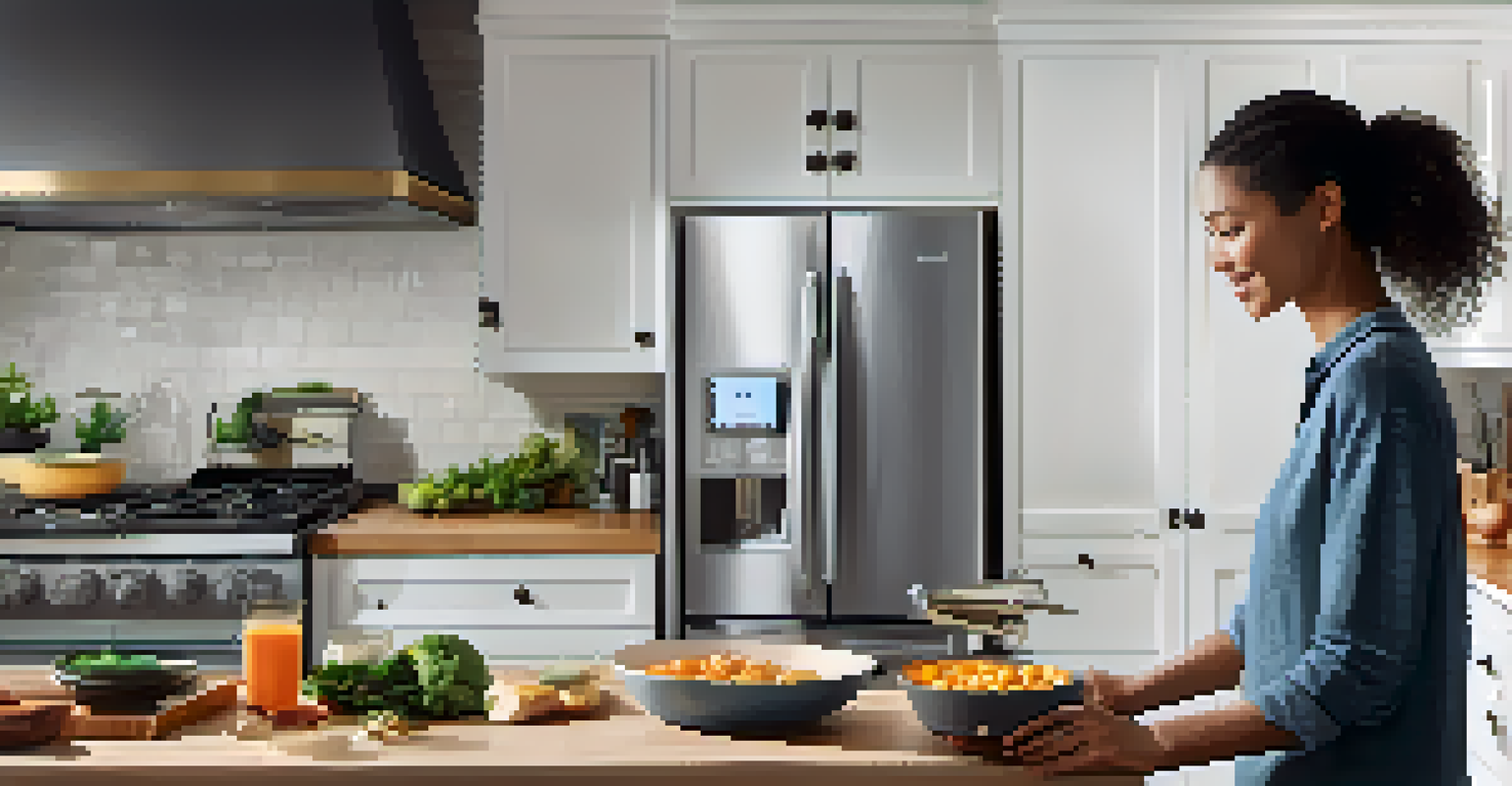 A kitchen where a person interacts with a voice assistant while cooking, illustrating the use of technology in daily activities.