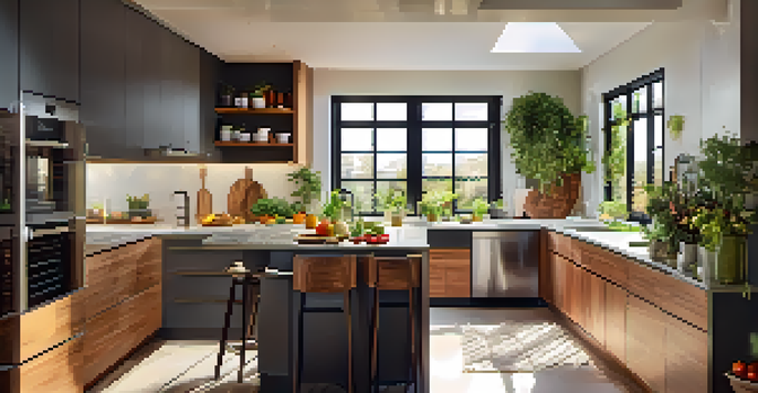 A bright and modern kitchen showcasing energy-efficient appliances and warm wooden cabinetry, with sunlight streaming through a window.