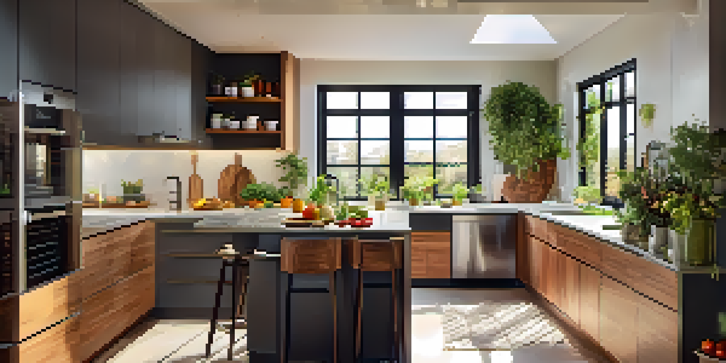 A bright and modern kitchen showcasing energy-efficient appliances and warm wooden cabinetry, with sunlight streaming through a window.