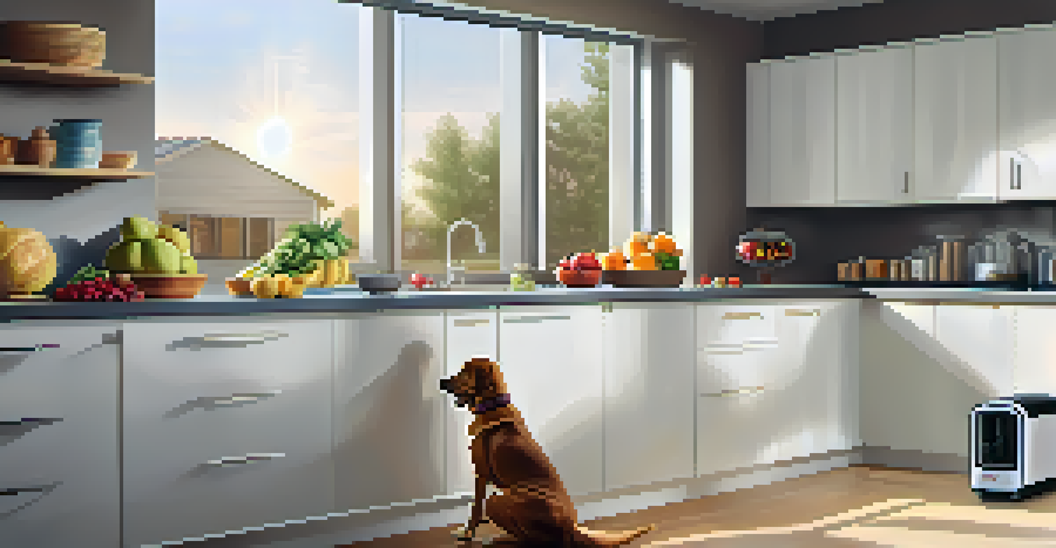 A modern kitchen with an automated pet feeder and a happy dog waiting for food, sunlight illuminating the room.