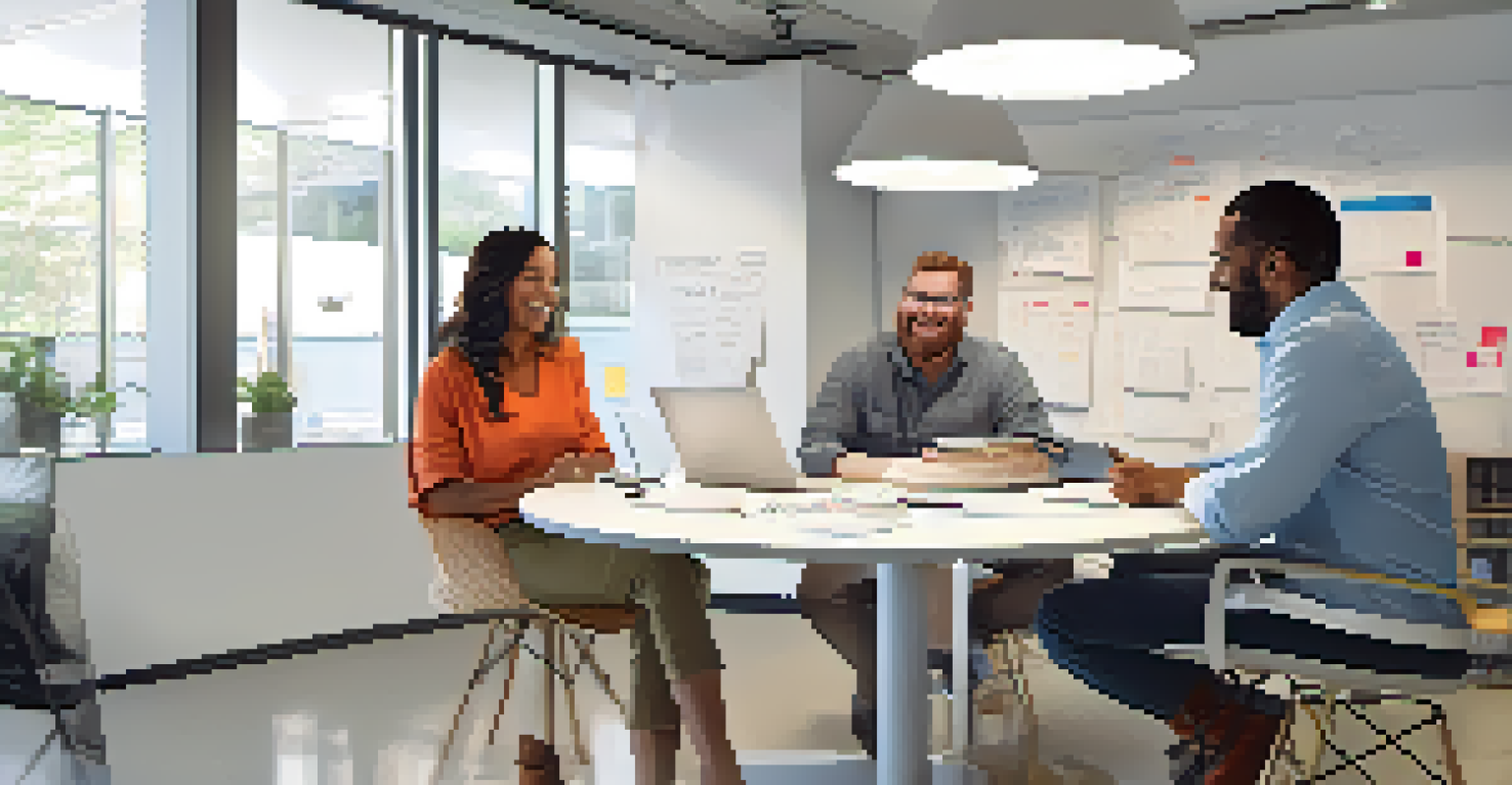 A contractor and a client in a modern meeting room, discussing project details with papers and a laptop on the table.