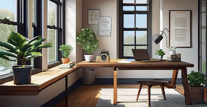 A warm home office scene with a wooden desk, laptop, financial documents, coffee cup, and a sunny window.