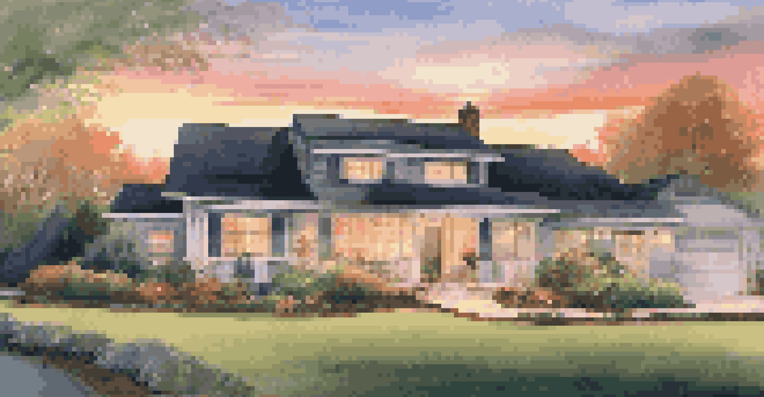 An outdoor view of a secure home with visible smart security devices, set against a sunset backdrop.