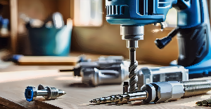 A cordless drill on a wooden workbench with interchangeable bits and screws, illuminated by natural sunlight.
