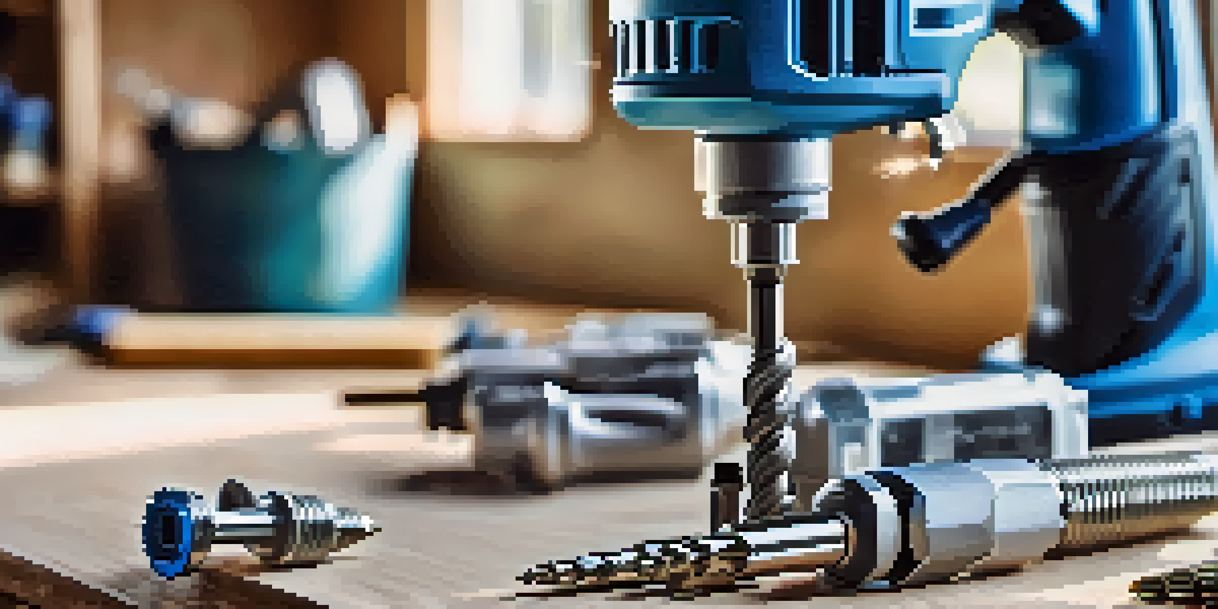 A cordless drill on a wooden workbench with interchangeable bits and screws, illuminated by natural sunlight.