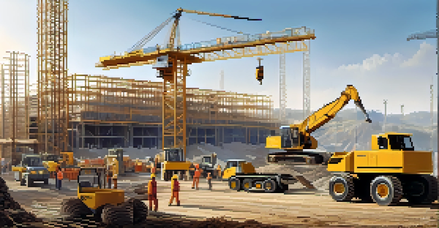 A construction site with workers using recycled steel and concrete to build an energy-efficient structure under a sunny sky.