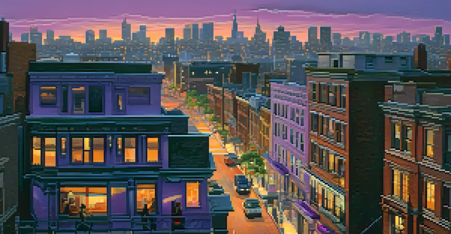 A city skyline at dusk with a mix of residential and commercial buildings, showcasing illuminated windows and a colorful sky.