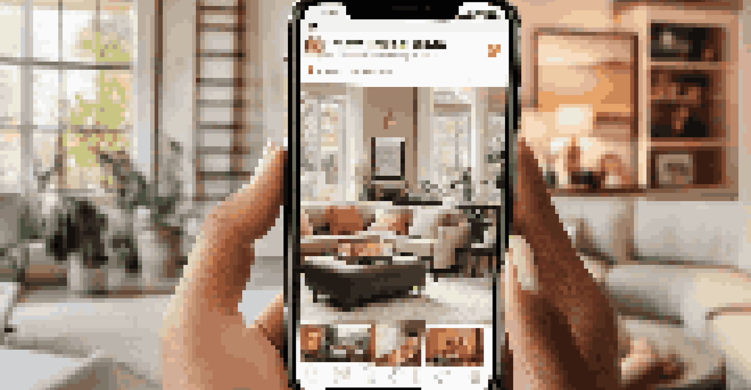 A mobile phone displaying a social media feed with beautiful property photos and interactions, set in a cozy living room with warm lighting.