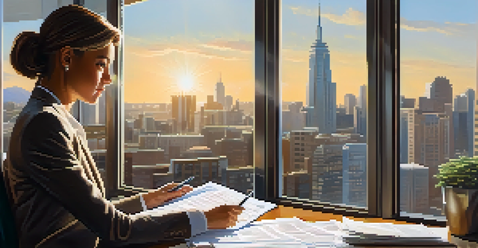 A real estate agent at a desk reviewing property documents with a city skyline visible through the window.