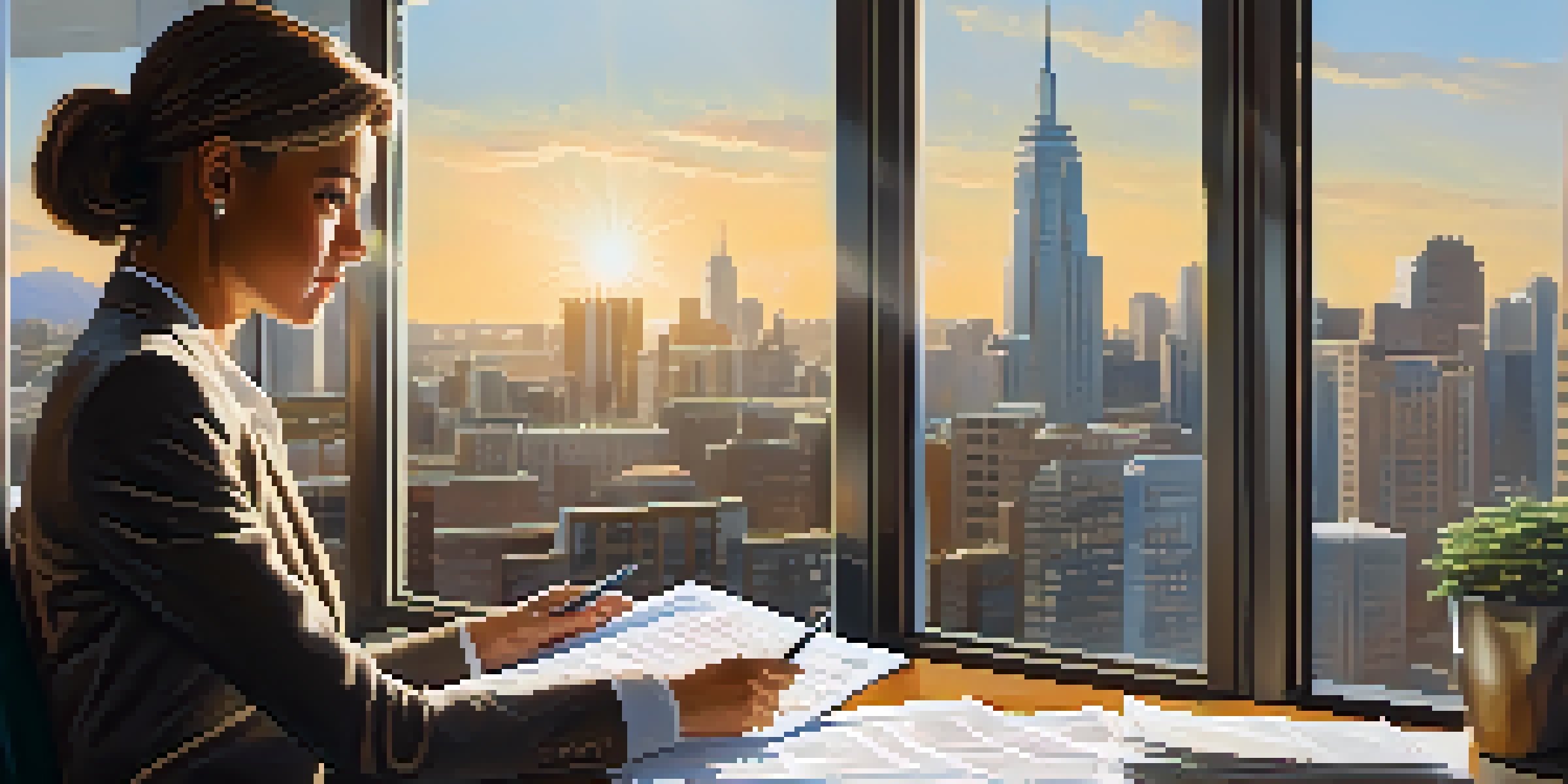 A real estate agent at a desk reviewing property documents with a city skyline visible through the window.