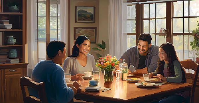 A diverse family gathered around a wooden dining table, engaged in a warm and friendly discussion with a vase of flowers in the center.