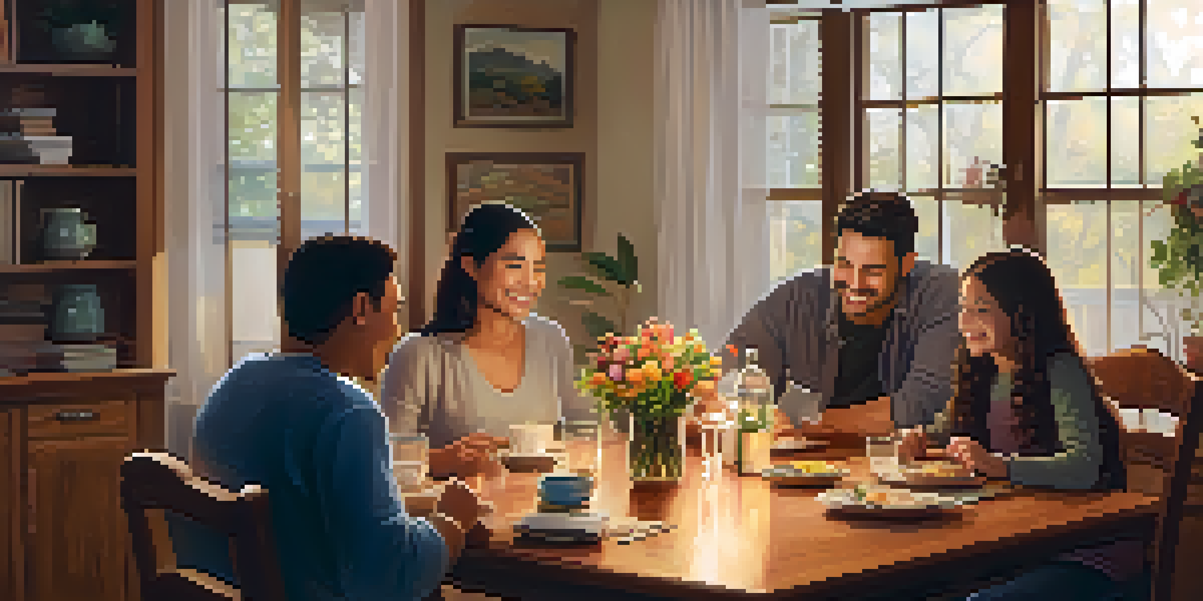 A diverse family gathered around a wooden dining table, engaged in a warm and friendly discussion with a vase of flowers in the center.