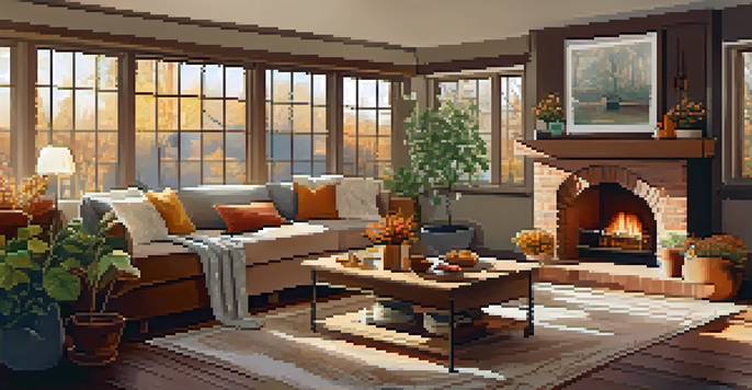 A cozy living room decorated for autumn, with warm colors, sunlight, and plants.