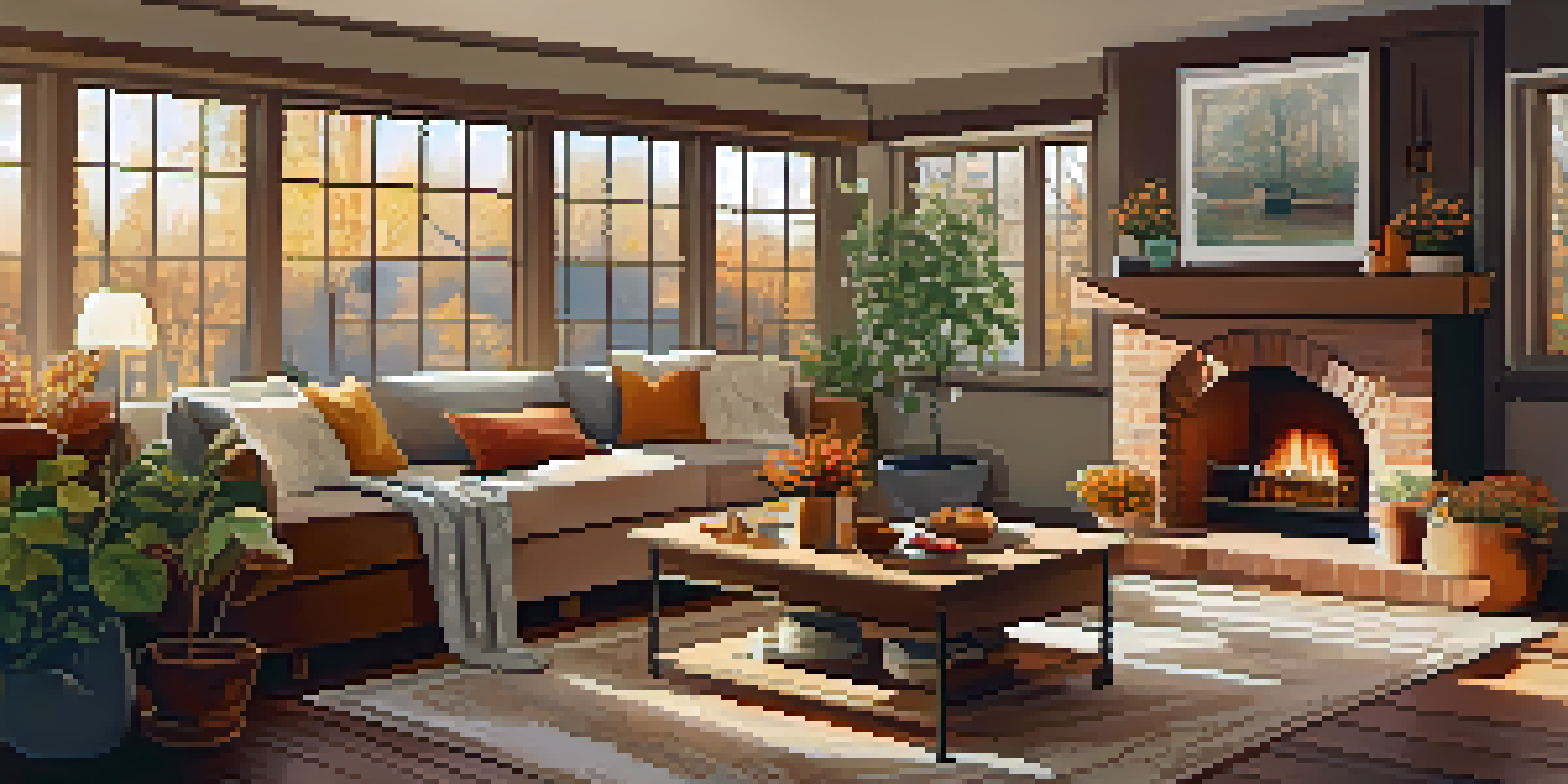 A cozy living room decorated for autumn, with warm colors, sunlight, and plants.