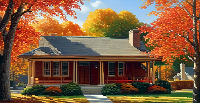 A beautiful autumn scene with a colorful roof covered in leaves and bright trees in the background, illuminated by golden sunlight.