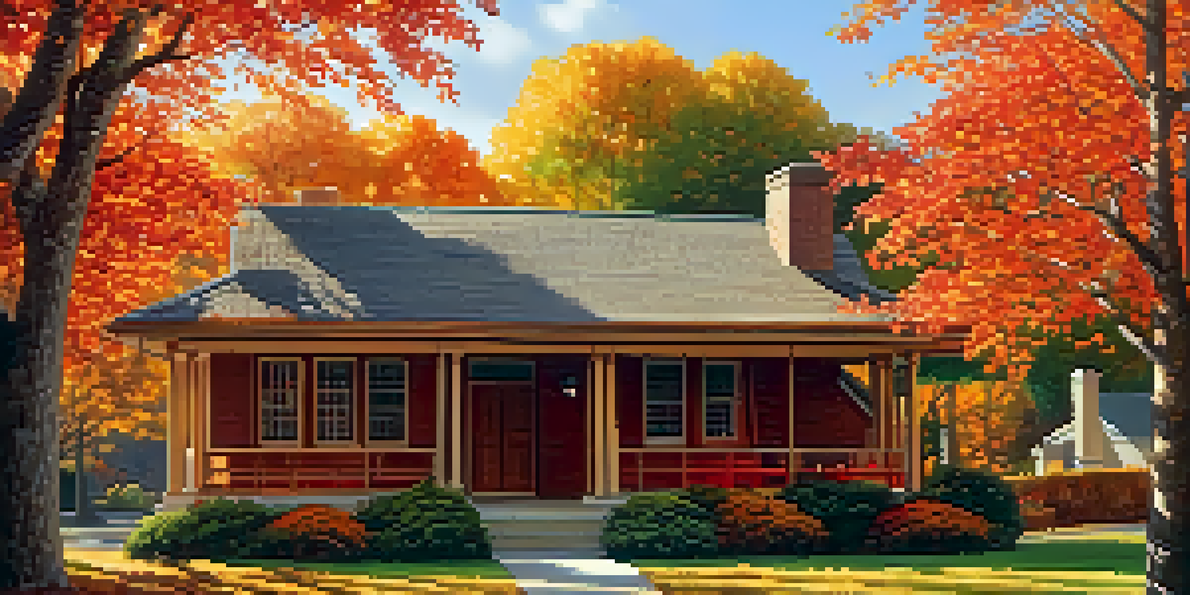 A beautiful autumn scene with a colorful roof covered in leaves and bright trees in the background, illuminated by golden sunlight.