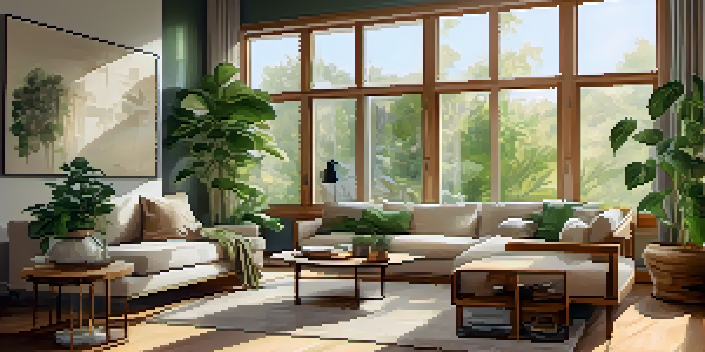 A bright living room with large windows, sustainable bamboo flooring, and reclaimed wood furniture, surrounded by green plants outside.