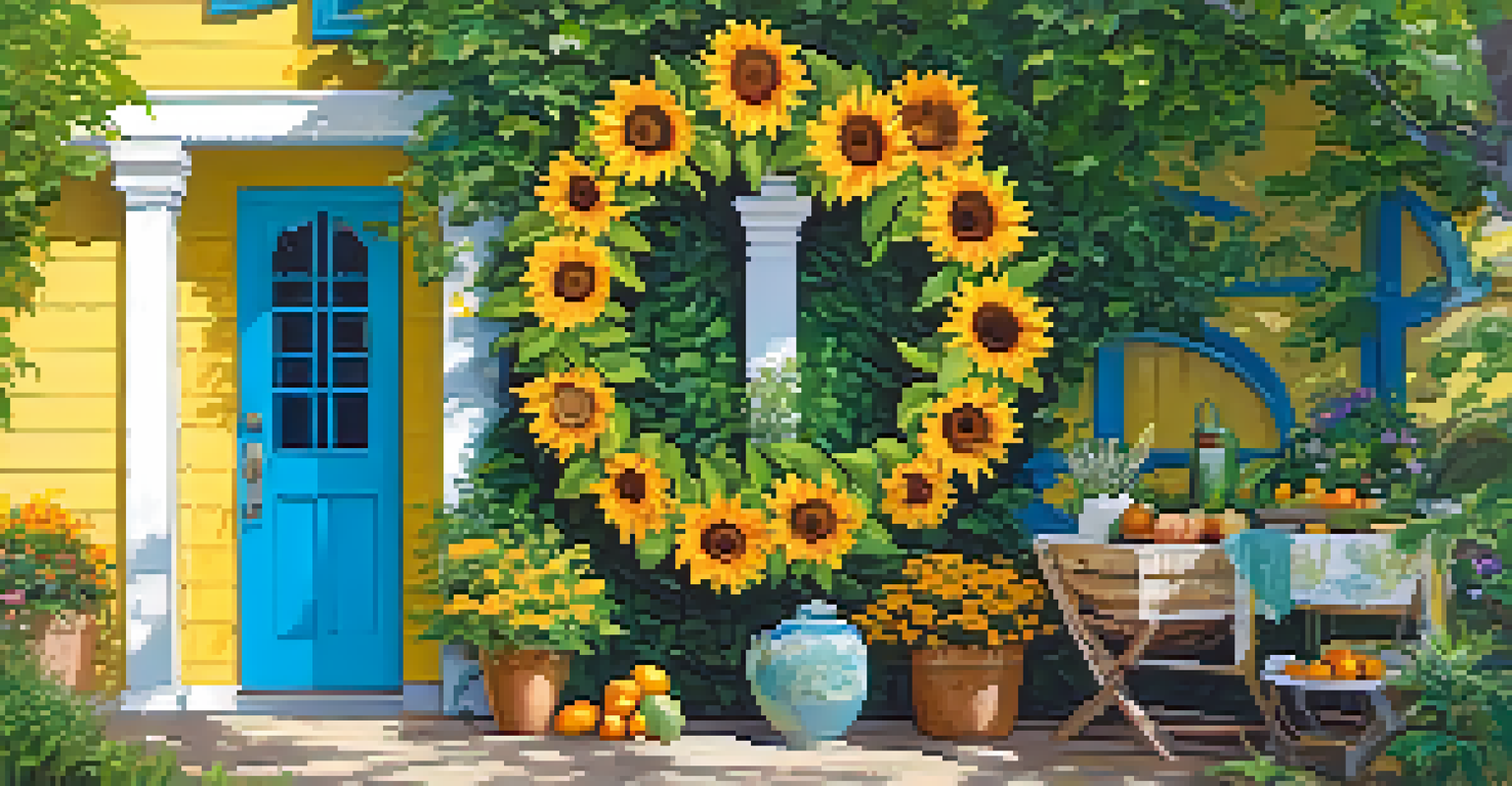 A sunny summer wreath decorated with sunflowers and seashells displayed on a blue door, set against a vibrant outdoor scene.
