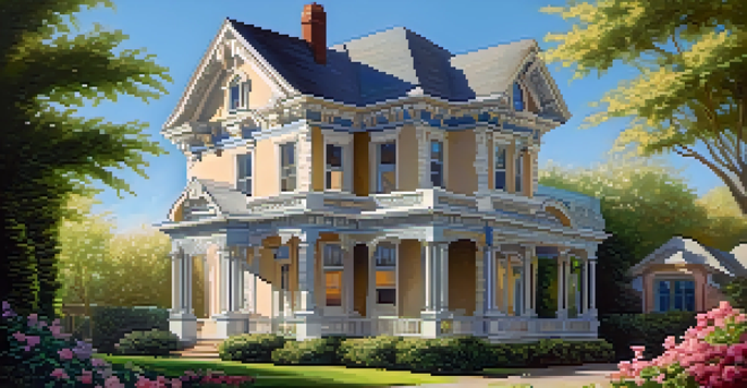 A historic home with ornate architectural details and a blooming garden, illuminated by soft sunlight under a blue sky.