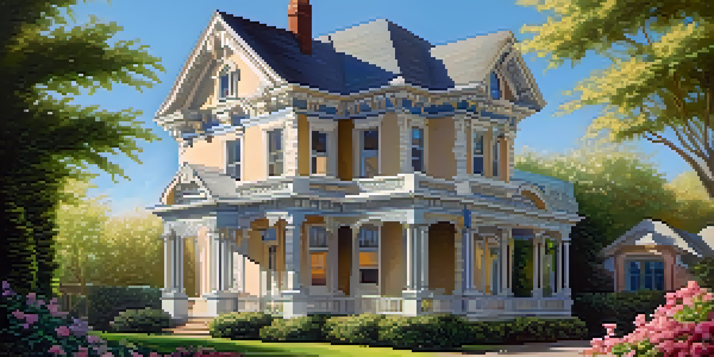 A historic home with ornate architectural details and a blooming garden, illuminated by soft sunlight under a blue sky.