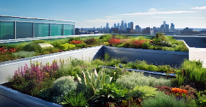 A green roof garden on a modern building, showcasing diverse plants and flowers under a clear blue sky.