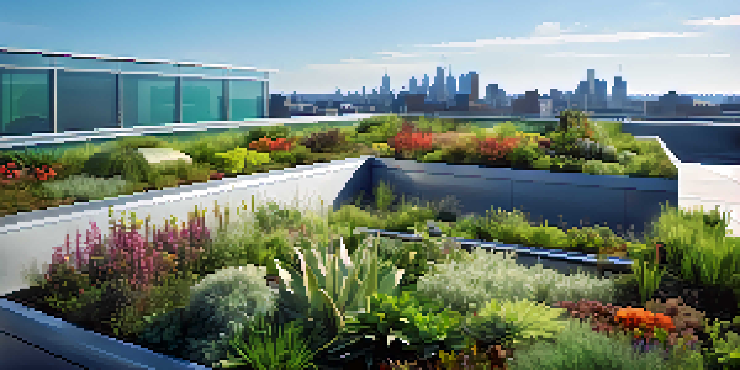 A green roof garden on a modern building, showcasing diverse plants and flowers under a clear blue sky.