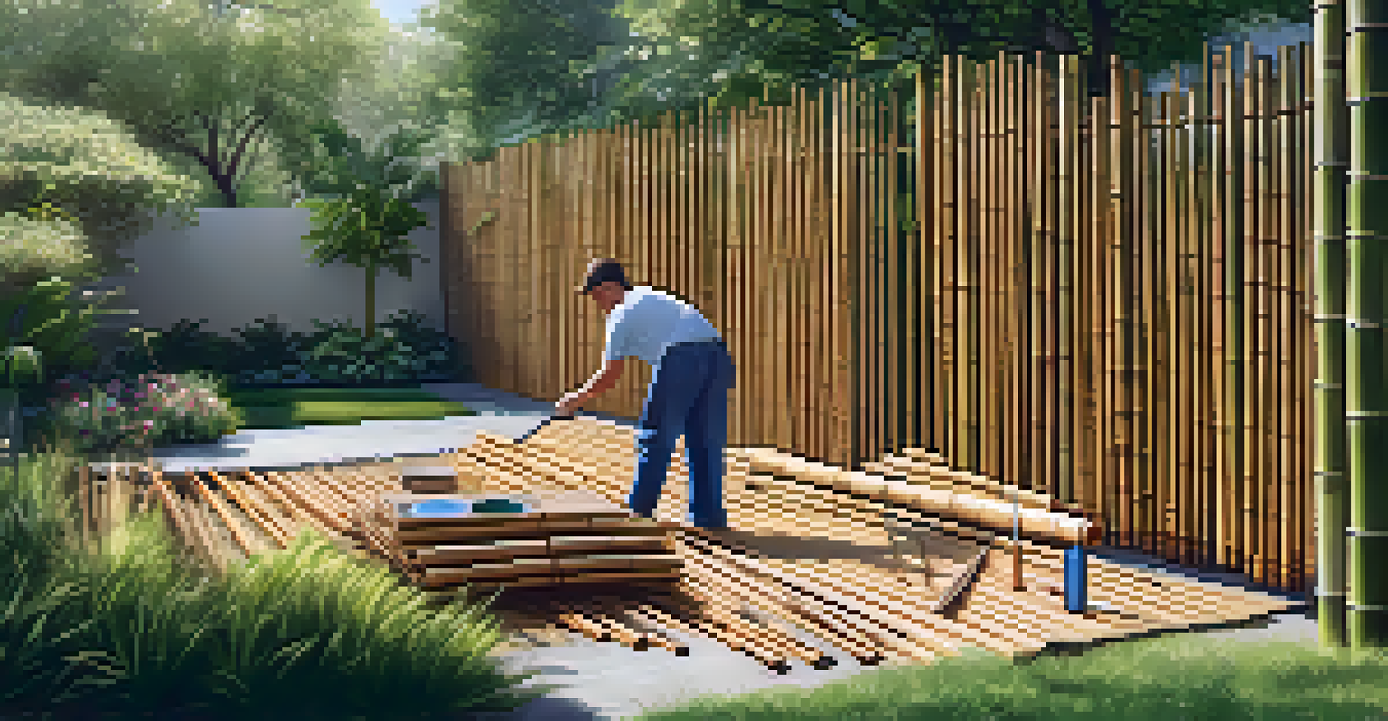 A person working on a bamboo fencing project in a sunny backyard, surrounded by tools and bamboo poles.