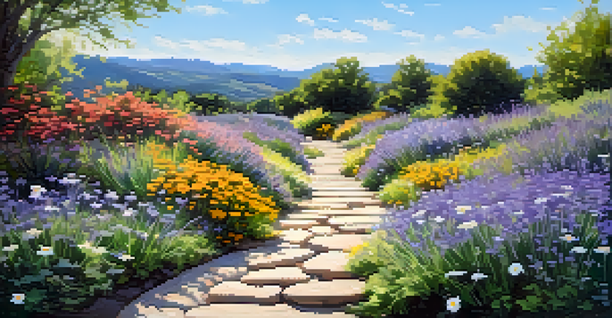 A peaceful garden with a stone pathway and colorful flowers, including daisies and lavender, under a bright blue sky.
