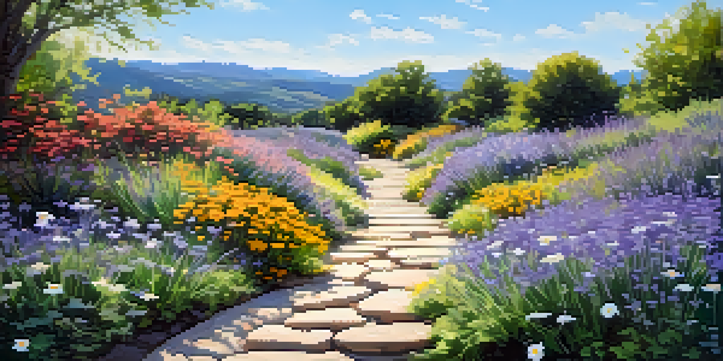 A peaceful garden with a stone pathway and colorful flowers, including daisies and lavender, under a bright blue sky.