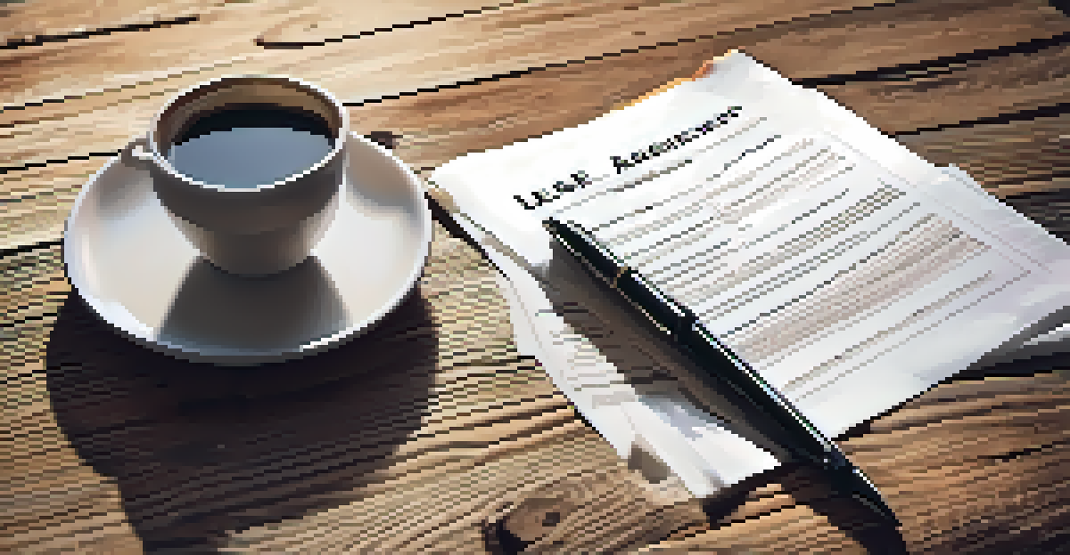 A close-up of a lease agreement on a wooden table with a pen and a cup of coffee.