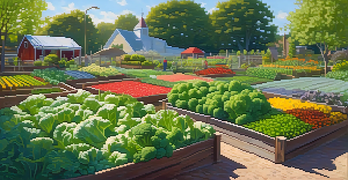 A spring garden featuring green lettuce and broccoli under bright sunlight, surrounded by flowers and wooden raised beds.