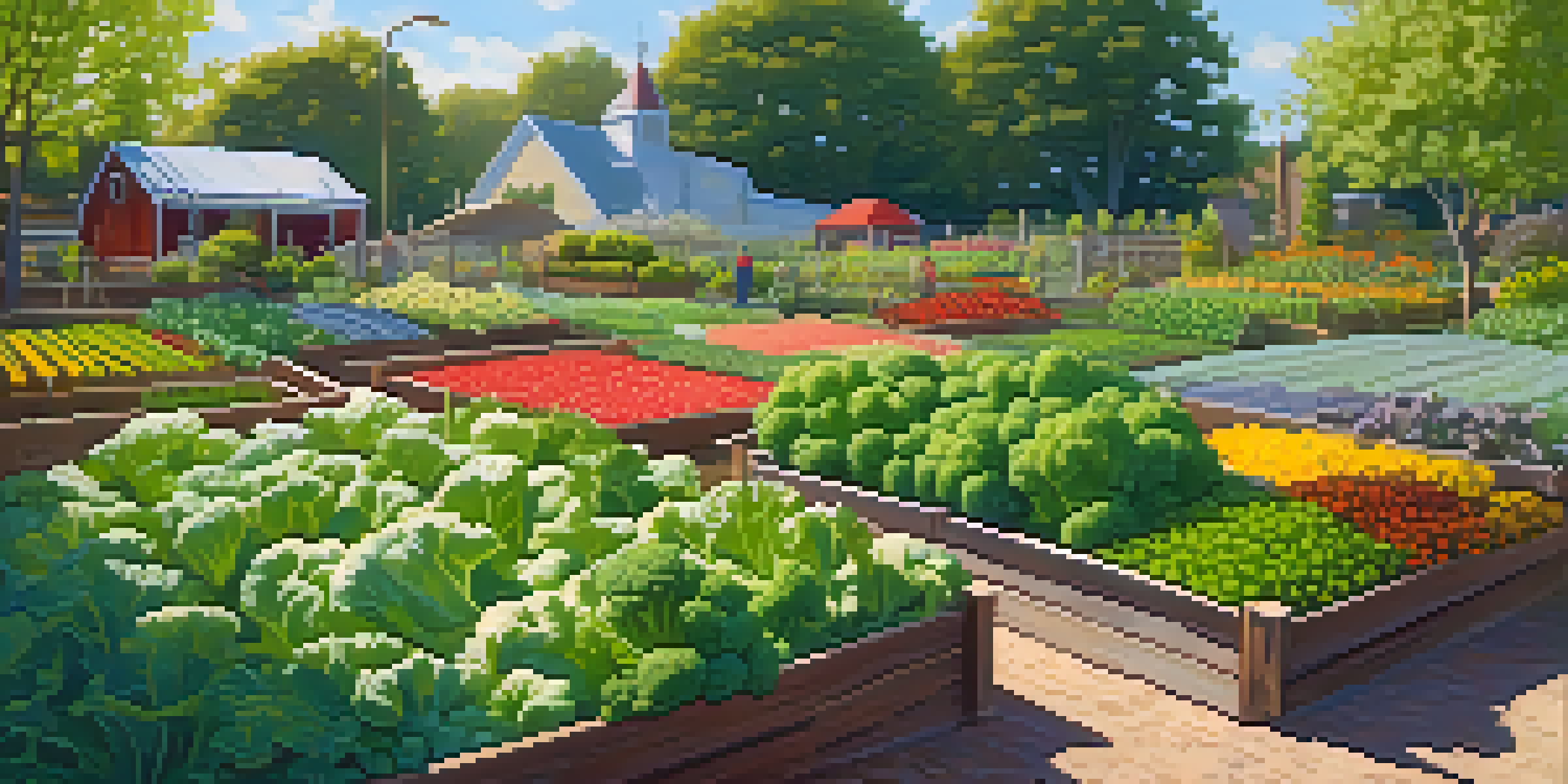 A spring garden featuring green lettuce and broccoli under bright sunlight, surrounded by flowers and wooden raised beds.