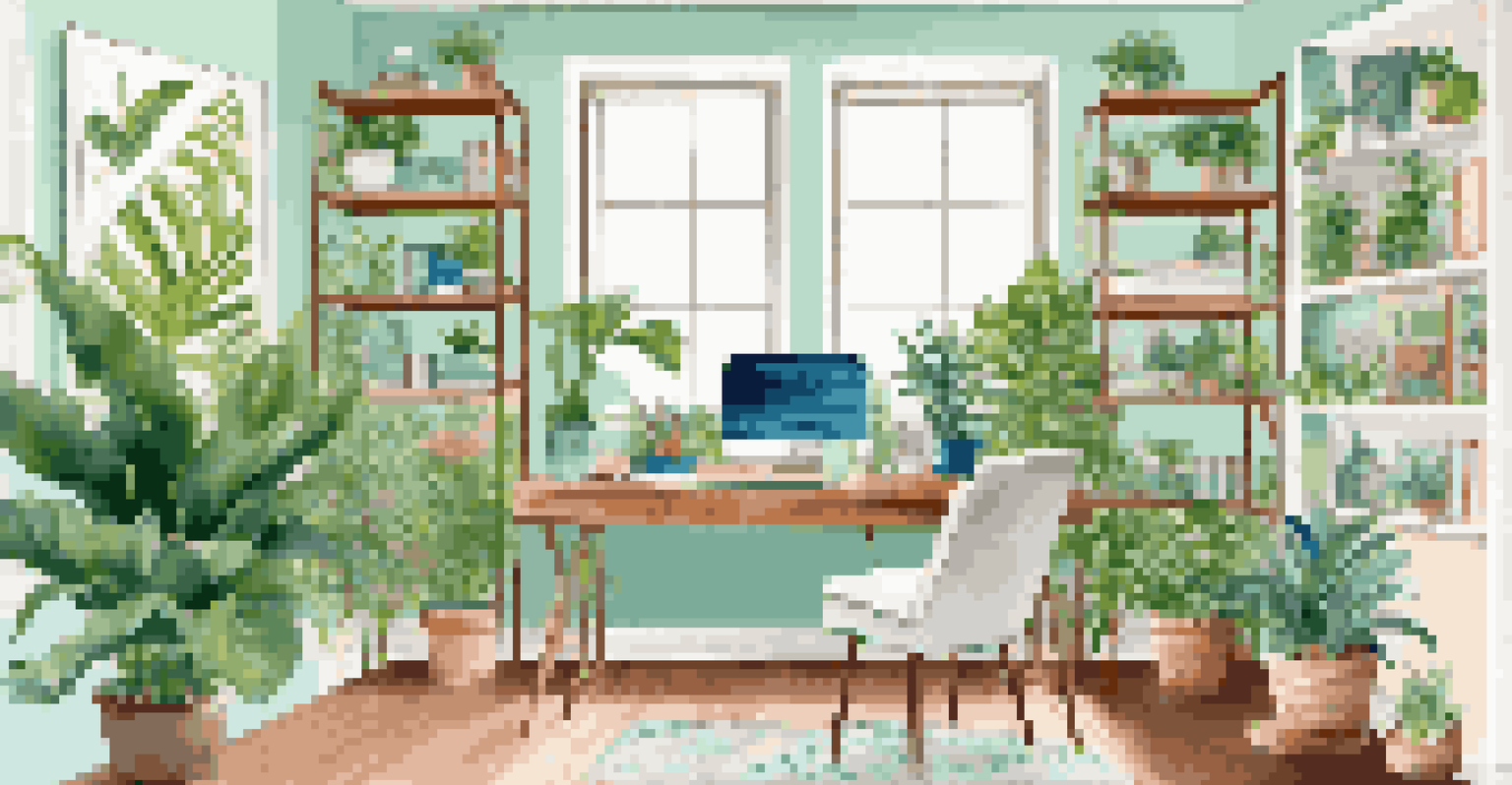 A vibrant home office surrounded by indoor plants and colorful artwork, featuring a bright workspace with a comfortable chair.
