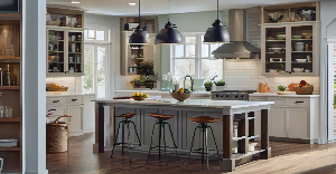 A modern kitchen with white cabinets, an island, and warm lighting, showcasing a spacious and inviting design.