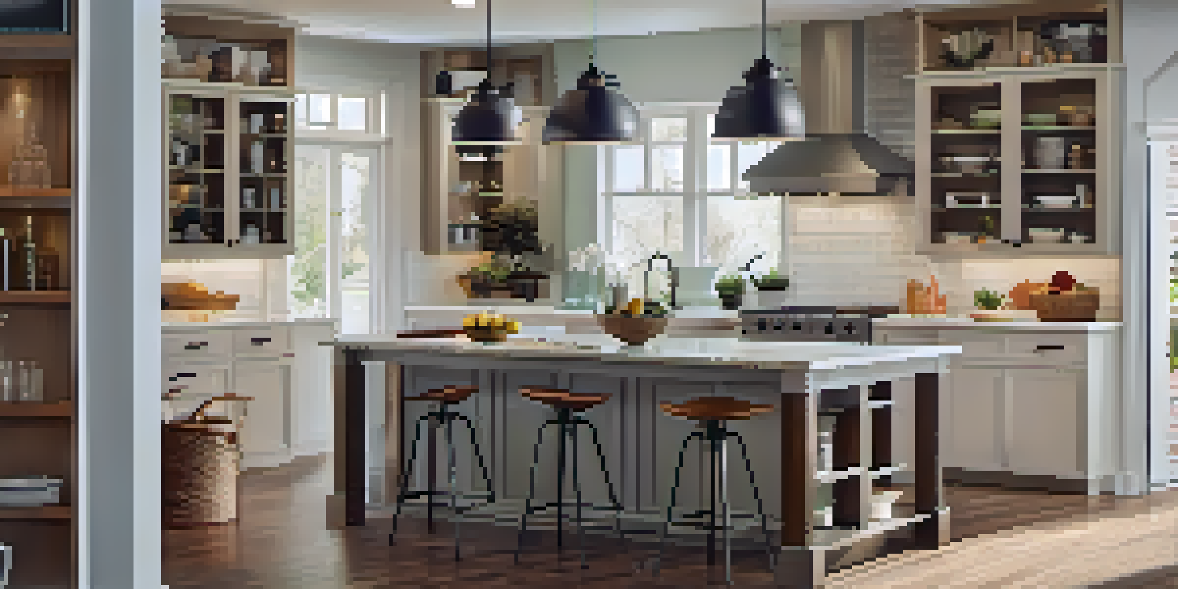 A modern kitchen with white cabinets, an island, and warm lighting, showcasing a spacious and inviting design.