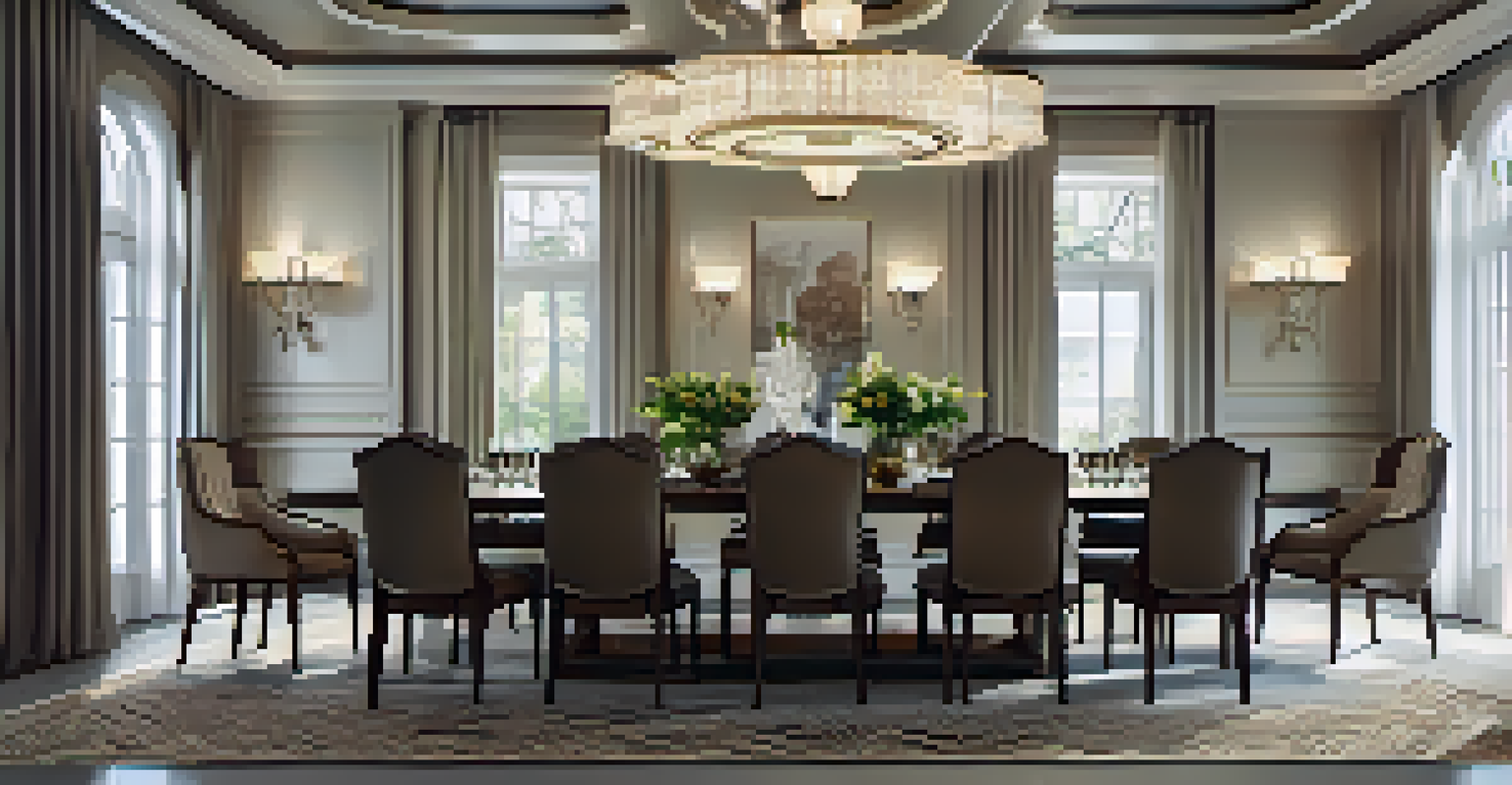 An elegant Art Deco dining area with a walnut table and geometric decor.