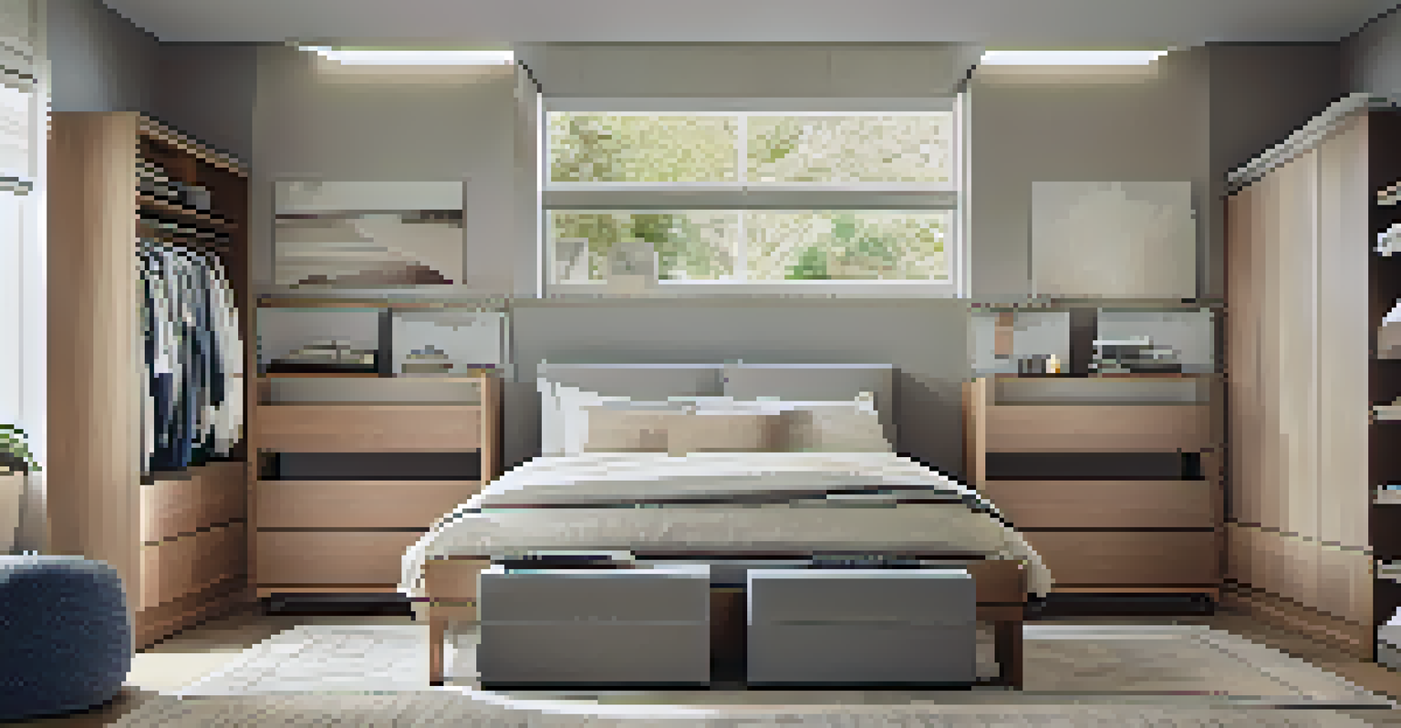 An organized bedroom displaying stylish under-bed storage with clear boxes holding seasonal items, under soft ambient lighting.