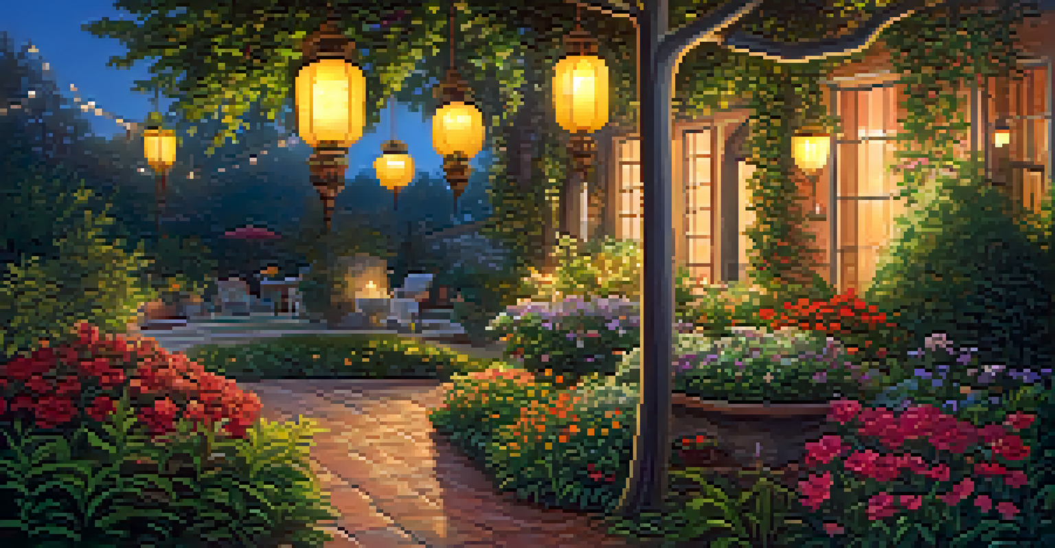 An outdoor garden with solar-powered lanterns illuminating lush greenery and vibrant flowers during sunset.