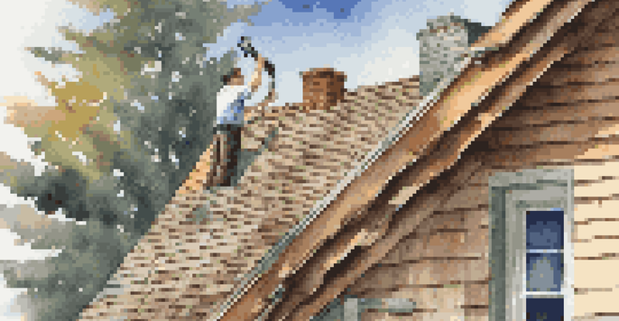 A home inspector inspecting the roof of a house with a flashlight, highlighting shingles and beams under warm lighting.