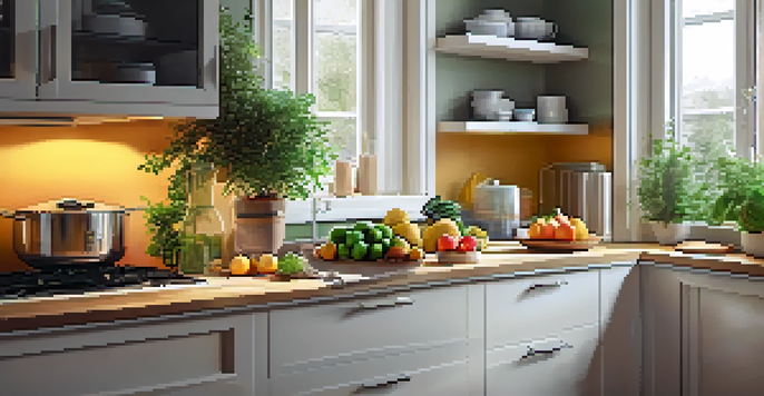 A modern kitchen with a dehumidifier on the countertop, sunlight coming through the window, and fresh herbs on the windowsill.