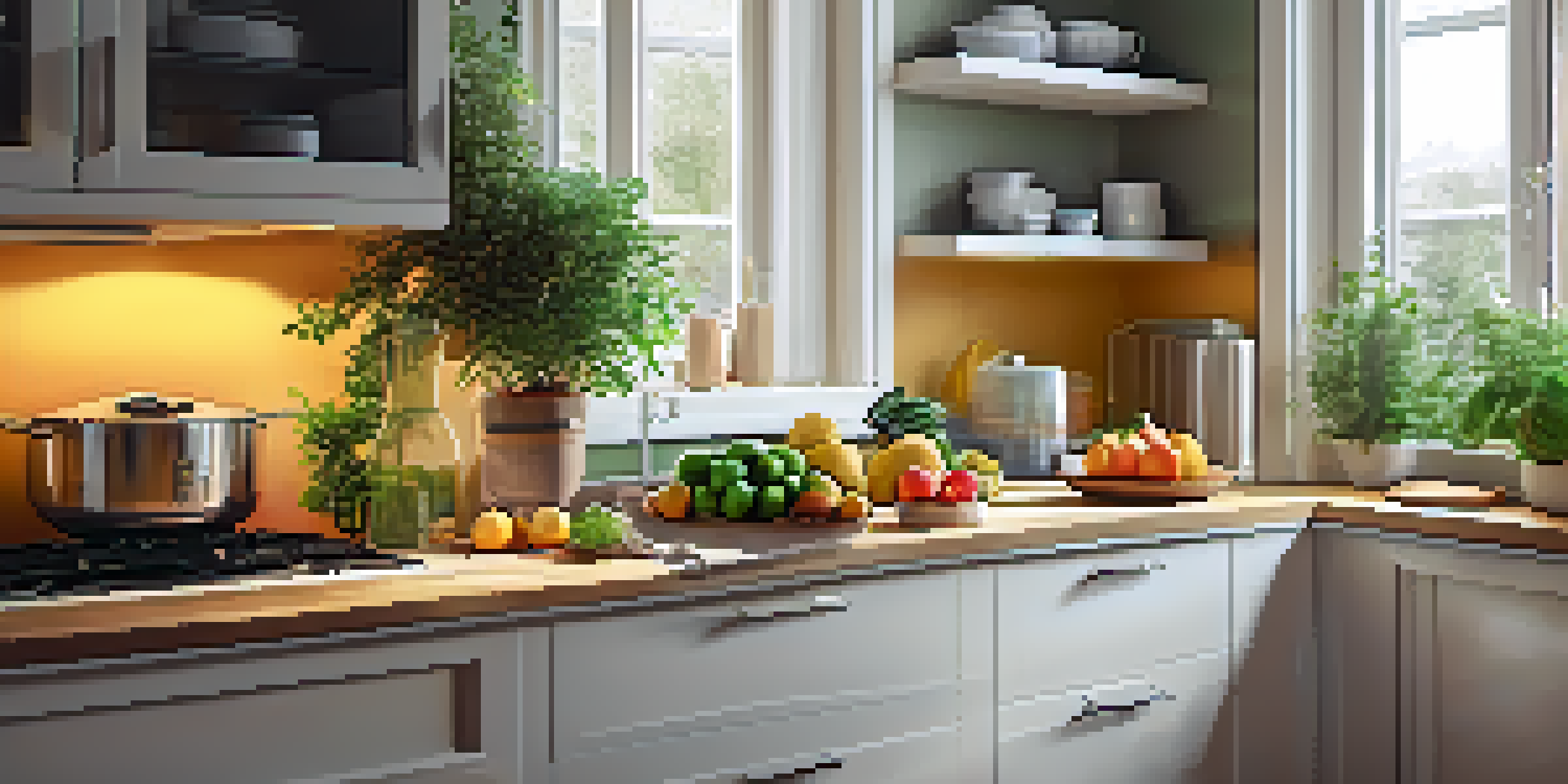 A modern kitchen with a dehumidifier on the countertop, sunlight coming through the window, and fresh herbs on the windowsill.