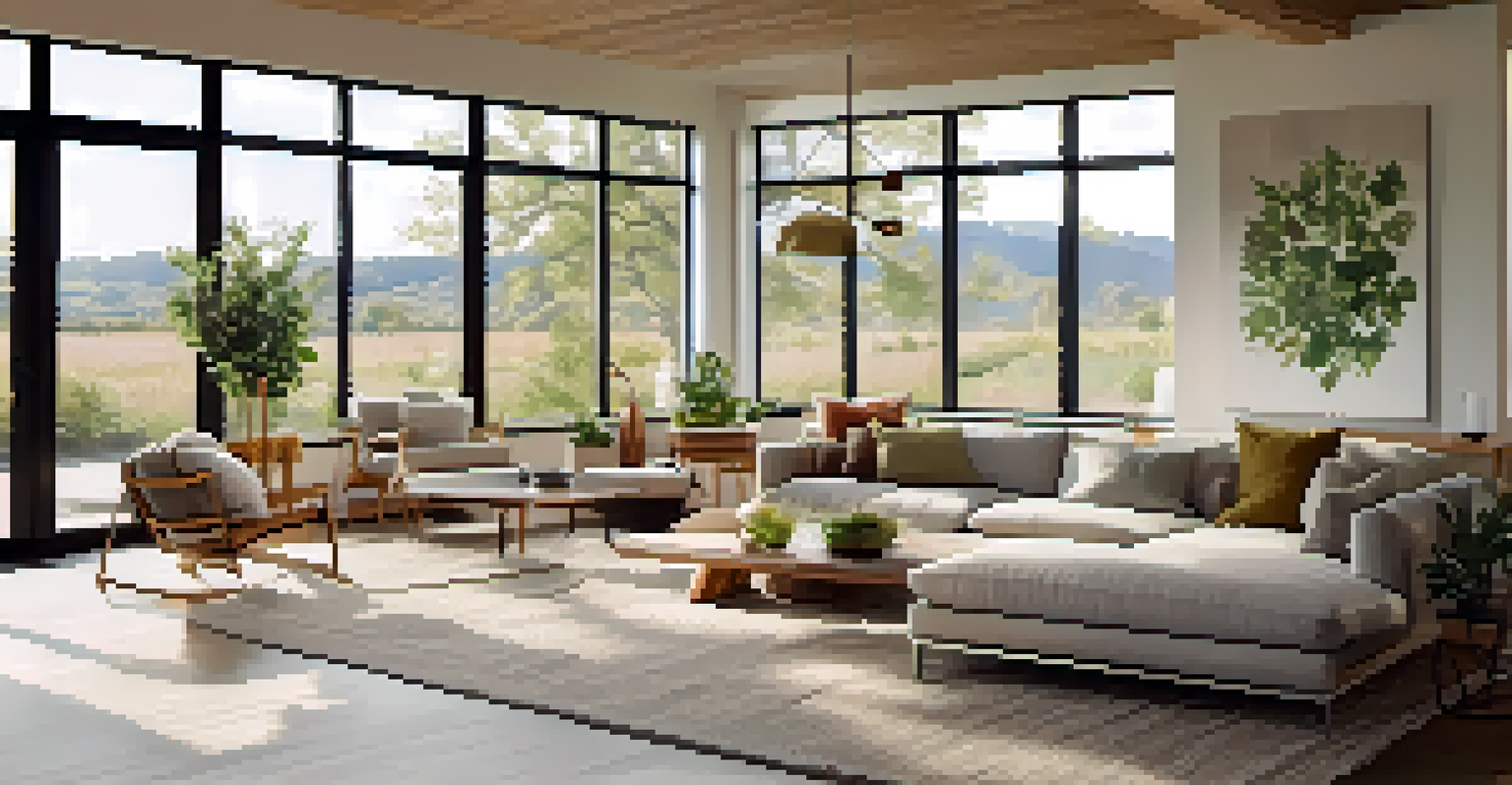 A sustainable open floor plan filled with natural light and eco-friendly furniture, showcasing a minimalist and inviting design.