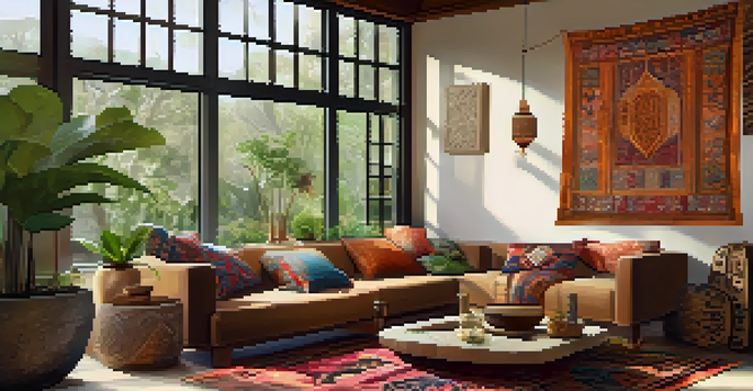 A cozy living room showcasing a blend of Moroccan textiles and Japanese minimalist decor, with natural light and a view of a lush garden.